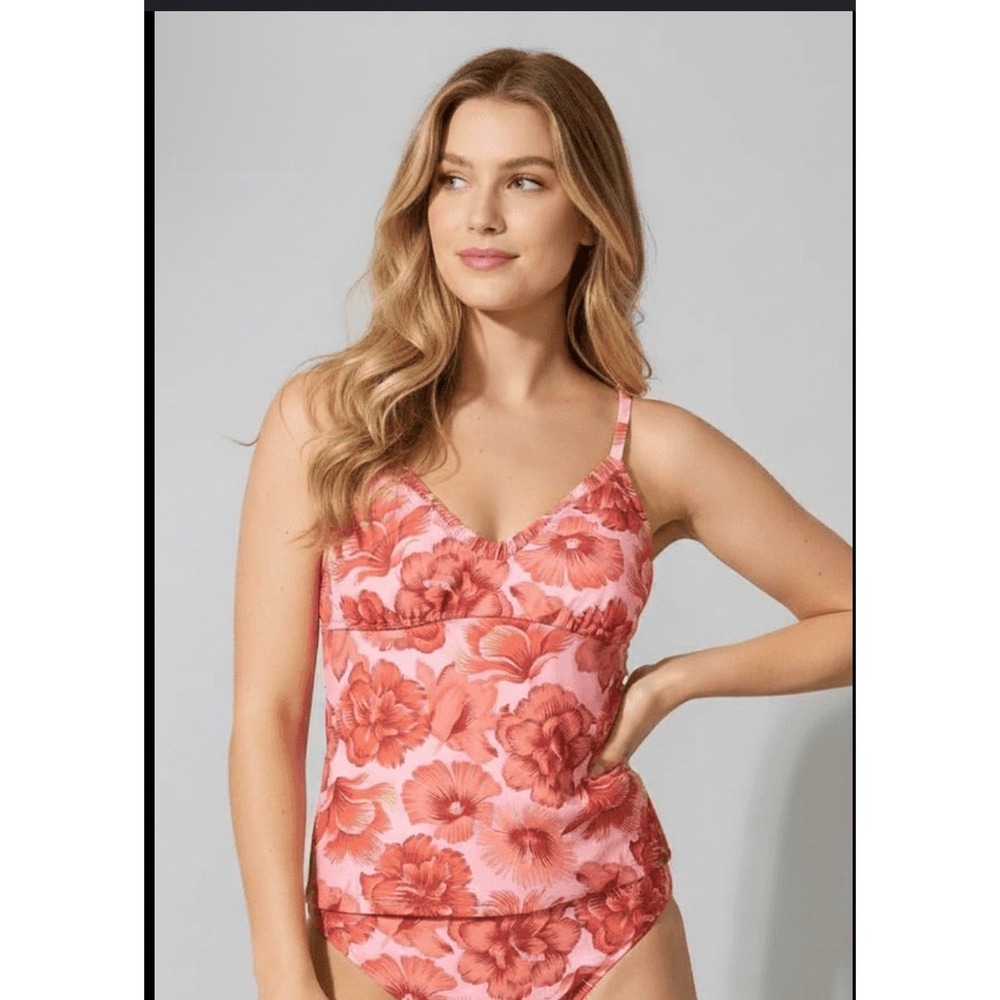Shade & Shore Pink Coral Tropical Floral Tankini Swim Bathing Suit Top XL NWT